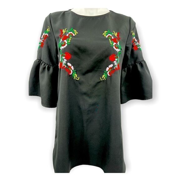Women’s small black embroidered bell sleeve dress - Picture 1 of 6